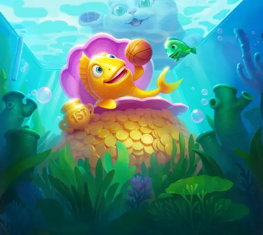 Pez dorado feliz sosteniendo una pelota de baloncesto mientras se sienta en una concha llena de monedas de oro, con un trofeo dorado a su lado y un gato curioso mirando desde el fondo.