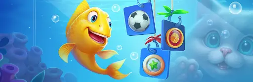 Pez dorado sonriente sosteniendo una medalla de primer lugar junto a un pulpo y un cangrejo felices bajo el agua, celebrando entre burbujas y cofres del tesoro.