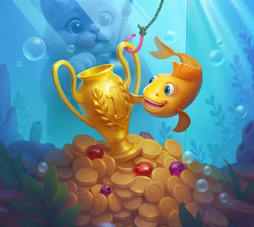 Pez dorado sonriente sosteniendo un trofeo dorado sobre un montón de monedas y gemas bajo el agua, con un gato curioso observando desde el fondo.